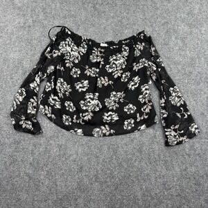 Love Fire Medium Black Floral Off the Shoulder Chiffon Bell Sleeve Top Women's